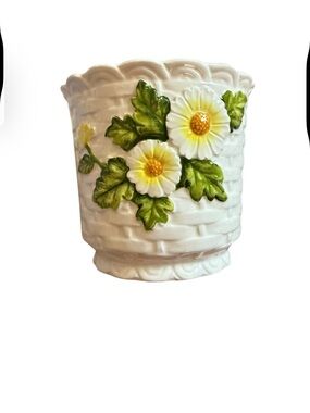 Lefton Ceramic Planter 5003 Floral White Yellow Green Japan Vintage Art Pottery